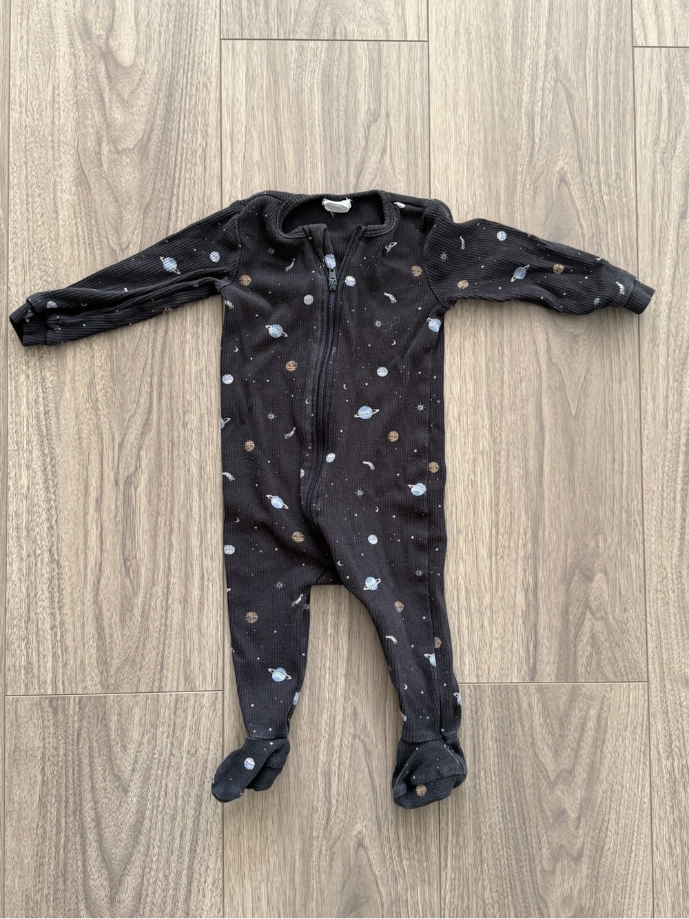 FIRSTS by Petit Lem Baby Black Space-Print Footed One-Piece Baby Sleeper